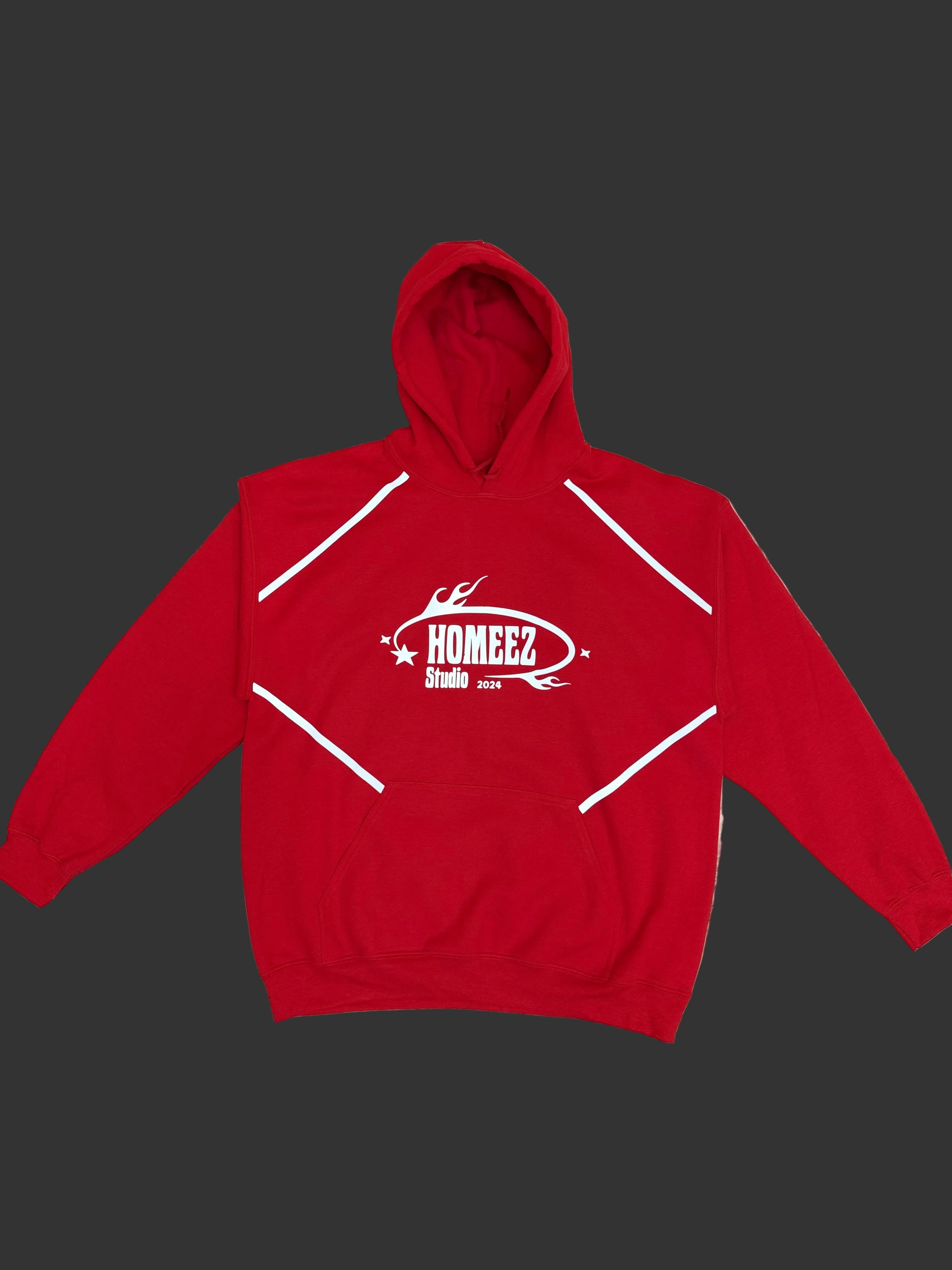 Red hoodie with a logo on a textured surface